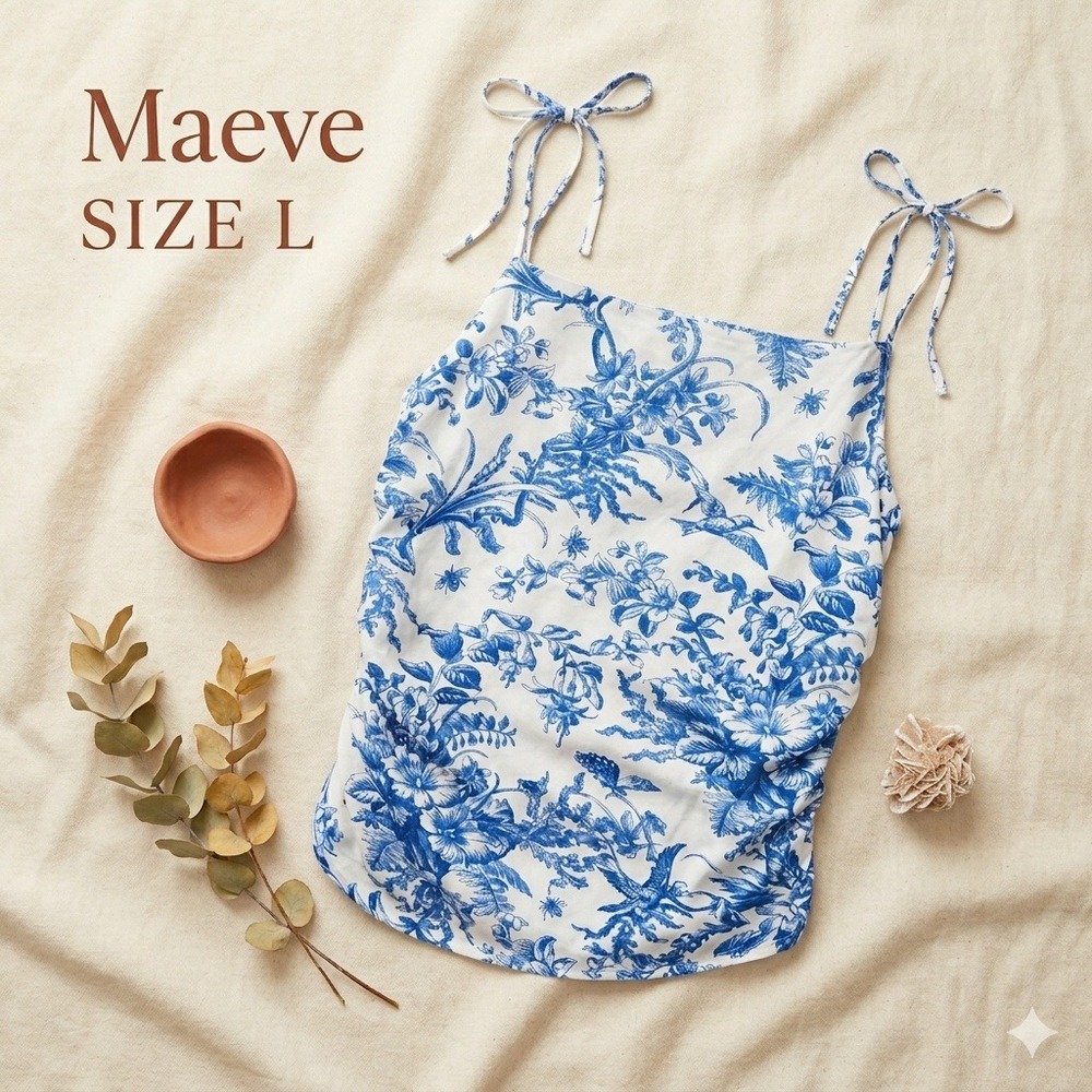 Maeve Anthropologie Coquette Blue Toile Ruched Camisole Top Women Large